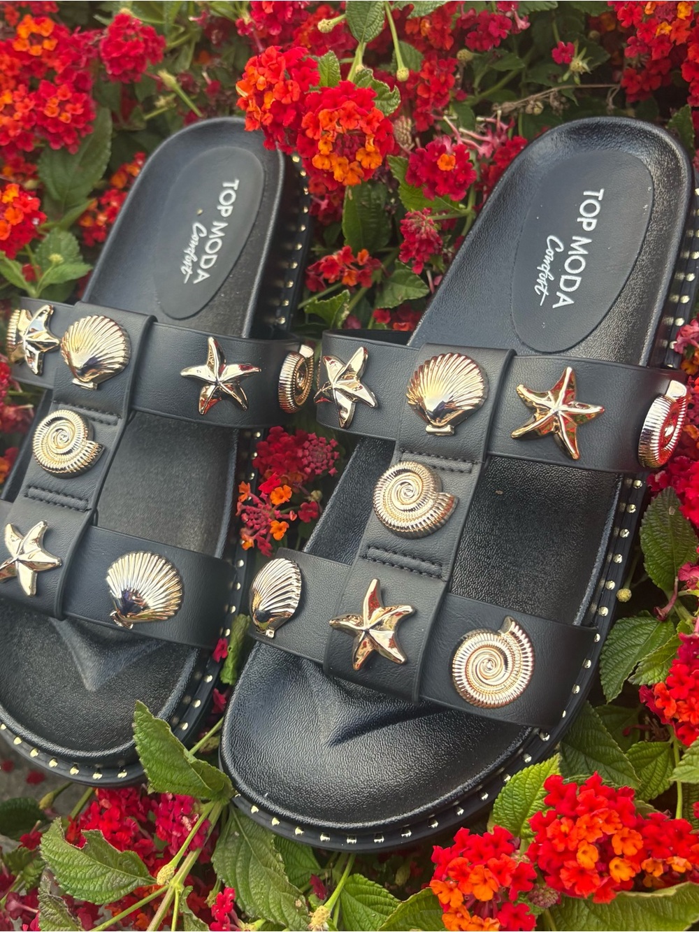 TOP Moda Black Slide Sandals with Gold Sea Shell & Starfish Accents